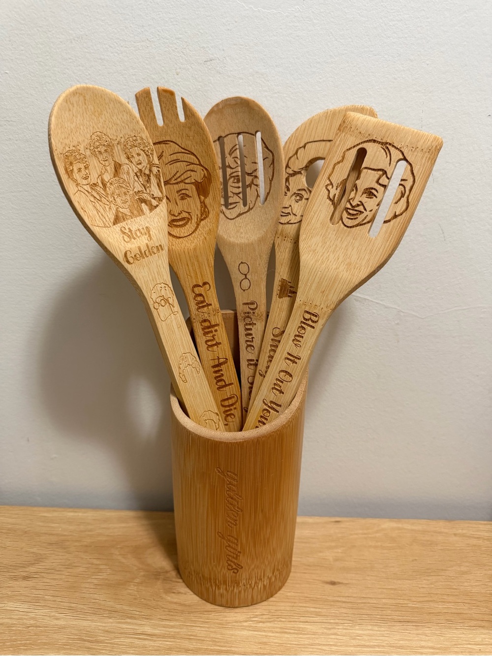 Golden Girls Bamboo Kitchen Utensil Set - Natural Wooden Spoon & Spatula Set